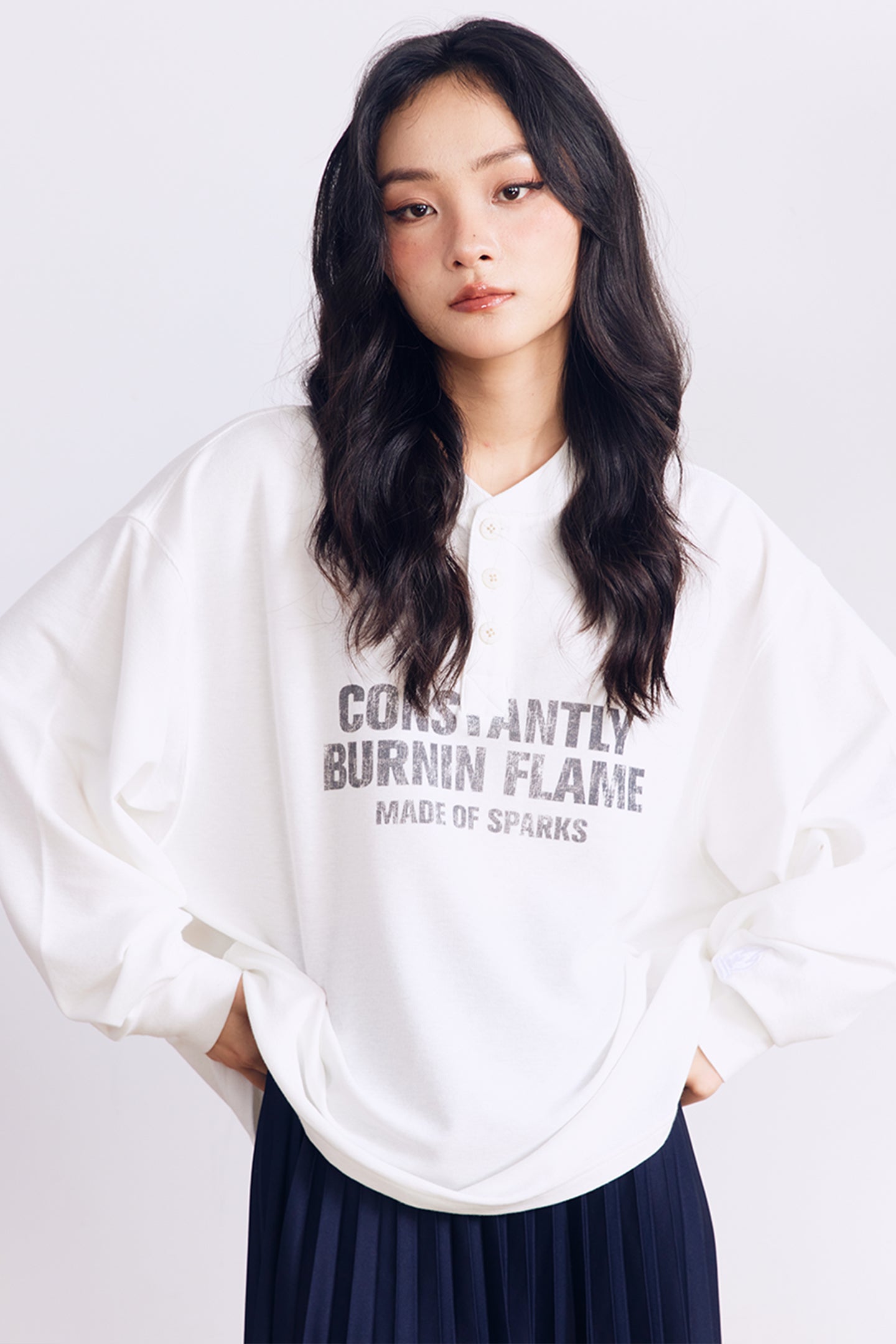 BURNIN*97'Series Worn Slogan Waffle Henley Collar Long Sleeve T-shirt - PSYLOS 1, BURNIN*97'Series Worn Slogan Waffle Henley Collar Long Sleeve T-shirt, T-shirt, Burnin, PSYLOS 1